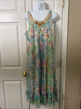 Vasna Desire Boho Floral Maxi Dress Beaded Neckline - Aqua & Pastel Floral Sz XL